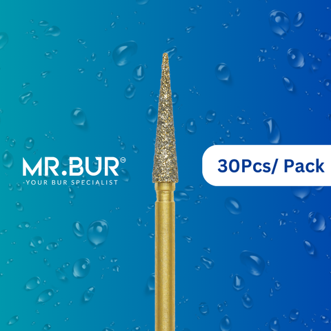 Enhance dental care with Mr. Bur 30 pcs Gold Pointed Cone Diamond Bur FG for composite polishing, crown prep, debonding, finishing, interproximal, model casting, pre-polishing, prophylaxis, and veneer techniques.