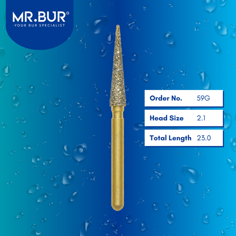 Mr. Bur 59G Gold Pointed Cone Diamond Bur FG are tools used in multiple dental procedures, ideal for composite polishing, crown and bridge technique, crown preparation, debonding, finishing, interproximal work, model casting and fabrication, pre-polishing, prophylaxis, and veneer and ceramic technique.