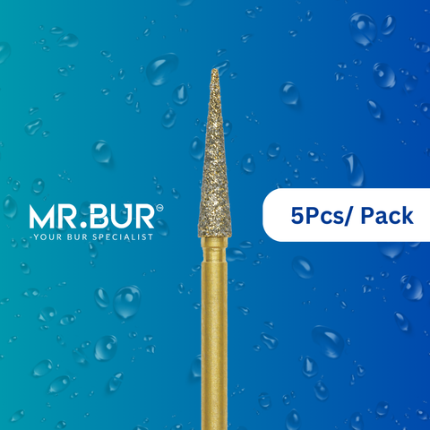 Enhance dental care with Mr. Bur 5 pcs Gold Pointed Cone Diamond Bur FG for composite polishing, crown prep, debonding, finishing, interproximal, model casting, pre-polishing, prophylaxis, and veneer techniques.