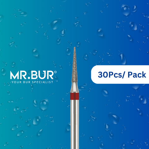 Mr. Bur's 30 pcs Fine Grit Pre-Polishing Pointed Cone Diamond Bur FG is perfect for prophylaxis, interproximal, crown prep, model fabrication, casting, crown & bridge, and veneer techniques.