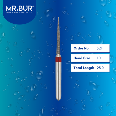 Mr. Bur 52F Fine Grit Pre-Polishing Pointed Cone Diamond Bur FG are tools used in multiple dental procedures. Their pointed cone heads are ideal for effective prophylaxis, interproximal work, crown preparation, model fabrication, model casting technique, crown and bridge technique, and veneer and ceramic technique.