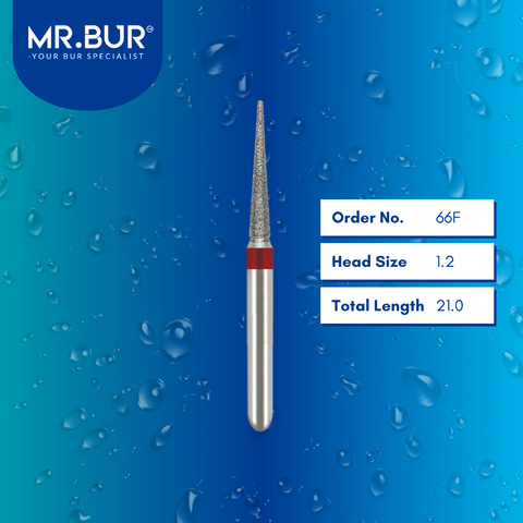 Mr. Bur 66F Fine Grit Pre-Polishing Pointed Cone Diamond Bur FG are tools used in multiple dental procedures. Their pointed cone heads are ideal for effective prophylaxis, interproximal work, crown preparation, model fabrication, model casting technique, crown and bridge technique, and veneer and ceramic technique.