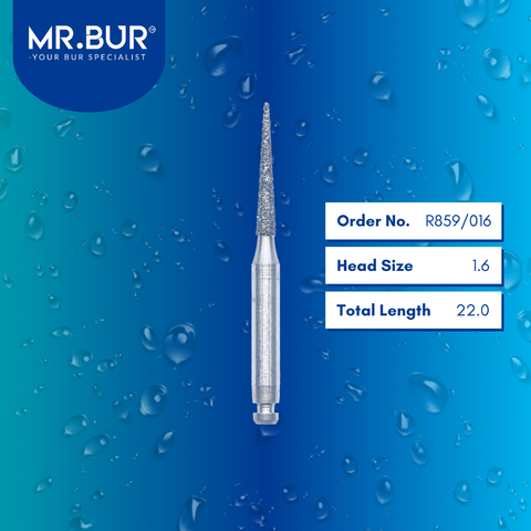 Mr. Bur R859/016 Contra Angle Pointed Cone Diamond Bur RA are tools used in multiple dental procedures, ideal for crown and bridge technique, crown preparation, interproximal work, model casting and fabrication, prophylaxis, proximal axial reduction, trimming, and veneer and ceramic technique.