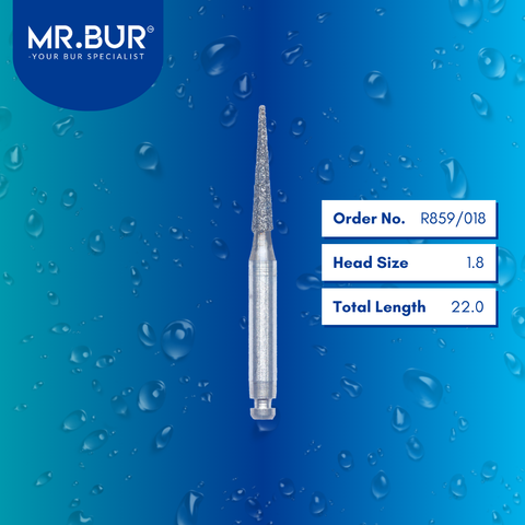 Mr. Bur R859/018 Contra Angle Pointed Cone Diamond Bur RA are tools used in multiple dental procedures, ideal for crown and bridge technique, crown preparation, interproximal work, model casting and fabrication, prophylaxis, proximal axial reduction, trimming, and veneer and ceramic technique.