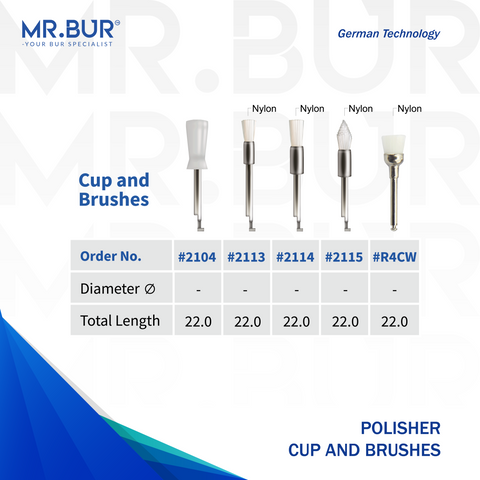 Mr. Bur Polisher Cup and Brushes, available in 8 variants, ensure effective surface polishing, fine finishing, and precision cleaning for dental restorations and laboratory applications.