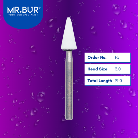 Mr. Bur F5 White Stone FG is ideal for composite polishing, compoShape bur, debonding, enamel finishing, finishing bur, and PFM finishing.