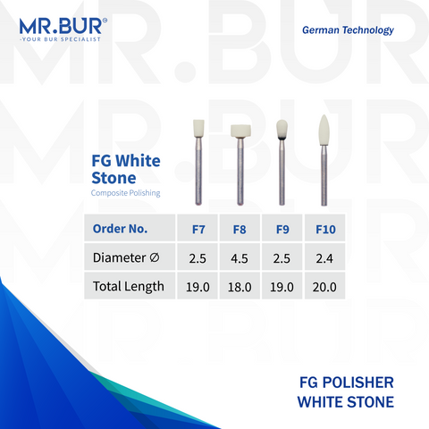 Image showing another four variants of Mr. Bur White Stone FG Polisher ensures precise, smooth polishing for restorations, enhancing surface finish, durability, and procedural accuracy, with head size of 2.4mm, 2.5mm and 4.5mm.