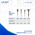 Mr. Bur Abrasive Fiber Polishing Brush RA, available in 4 variant shapes, ensures efficient surface finishing, fine polishing, and precise contouring for dental restorations and laboratory applications.