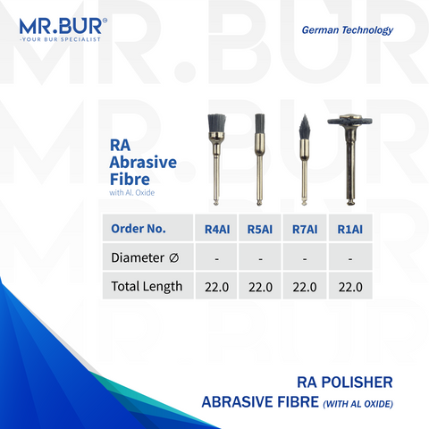 Mr. Bur Abrasive Fiber Polishing Brush RA, available in 4 variant shapes, ensures efficient surface finishing, fine polishing, and precise contouring for dental restorations and laboratory applications.