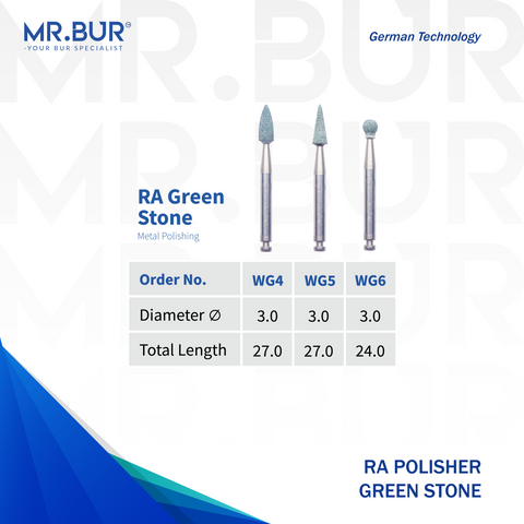 Image showing three variants of Mr. Bur Green Stone RA Polisher ensures precise, efficient polishing for restorations, enhancing surface smoothness, durability, and procedural accuracy, with head size of 3.0mm.