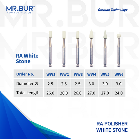 Image showing six variants of Mr. Bur White Stone RA Polisher ensures precise, smooth polishing for restorations, enhancing surface finish, durability, and procedural accuracy, with head size of 2.5mm and 3.0mm.