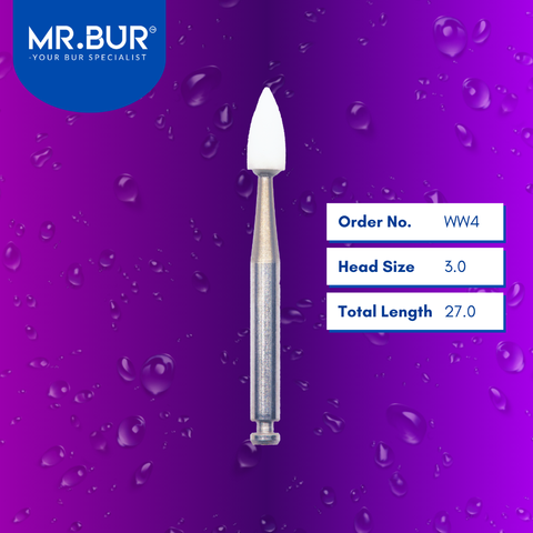 Mr. Bur WW4 White Stone RA is ideal for composite polishing, compoShape bur, debonding, enamel finishing, finishing bur, and PFM finishing.