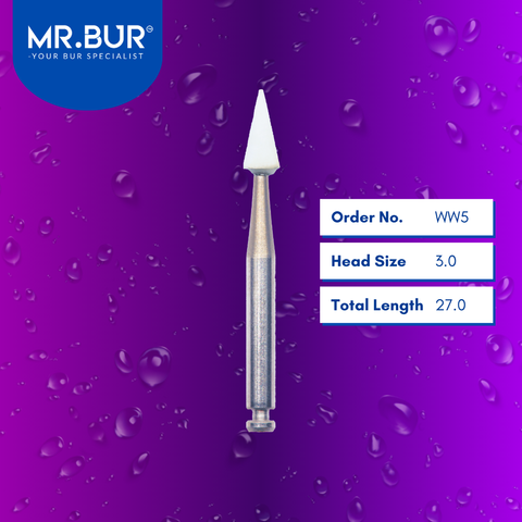 Mr. Bur WW5 White Stone RA is ideal for composite polishing, compoShape bur, debonding, enamel finishing, finishing bur, and PFM finishing.