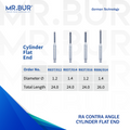 4 variants of the #1 Best Contra Angle Cylinder Flat End Diamond Bur RA. Mr. Bur offers the best online dental burs and is a Better Choice than Meisinger, Mani, Shofu, Eagle Dental, Trihawk, Suitable for Dental Cases. The dental bur head sizes shown here are 1.2mm, and 1.4mm.