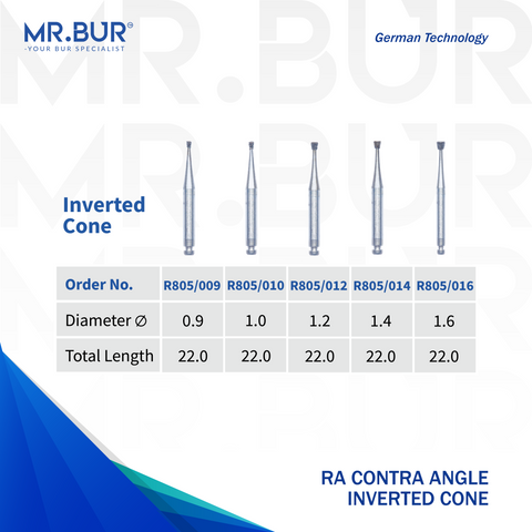 5 variants of the #1 Best Contra Angle Inverted Cone Diamond Bur RA. Mr. Bur offers the best online dental burs and is a Better Choice than Meisinger, Mani, Shofu, Eagle Dental, Trihawk, Suitable for Dental Cases. The dental bur head sizes shown here are 0.9mm, 1.0mm, 1.2mm, 1.4mm, and 1.6mm.