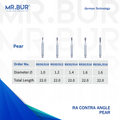 5 variants of the #1 Best Contra Angle Pear Diamond Bur RA. Mr. Bur offers the best online dental burs and is a Better Choice than Meisinger, Mani, Shofu, Eagle Dental, Trihawk, Suitable for Dental Cases. The dental bur head sizes shown here are 1.0mm, 1.2mm, 1.4mm, 1.6mm.