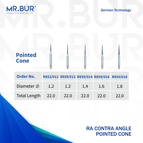 5 variants of the #1 Best Contra Angle Pointed Cone Diamond Bur RA. Mr. Bur offers the best online dental burs and is a Better Choice than Meisinger, Mani, Shofu, Eagle Dental, Trihawk, Suitable for Dental Cases. The dental bur head sizes shown here are  1.2mm, 1.4mm, 1.6mm, and 1.8mm.