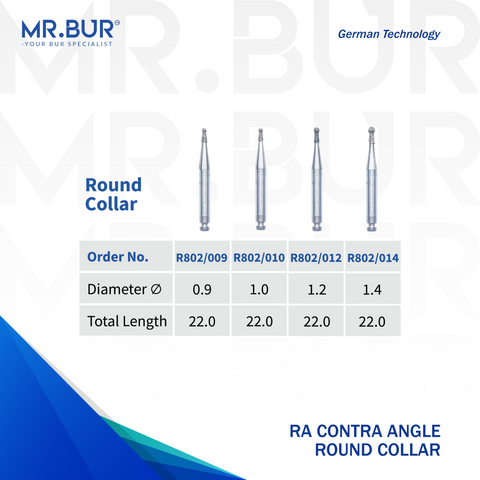 4 variations of the #1 Best Contra Angle Round Collar Diamond Bur RA. Mr. Bur offers the best online dental burs and is a Better Choice than Meisinger, Mani, Shofu, Eagle Dental, Trihawk, Suitable for Dental Cases. The dental bur head sizes shown here are 0.9mm, 1.0mm, 1.2mm, and 1.4mm.