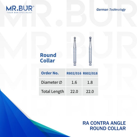 2 variations of the #1 Best Contra Angle Round Collar Diamond Bur RA. Mr. Bur offers the best online dental burs and is a Better Choice than Meisinger, Mani, Shofu, Eagle Dental, Trihawk, Suitable for Dental Cases. The dental bur head sizes shown here are 1.6mm, and 1.8mm.