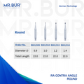 4 variations of the #1 Best Contra Angle Round Diamond Bur RA. Mr. Bur offers the best online dental burs and is a Better Choice than Meisinger, Mani, Shofu, Eagle Dental, Trihawk, Suitable for Dental Cases. The dental bur head sizes shown here are 0.9mm, 1.0mm, 1.2mm, and 1.4mm.