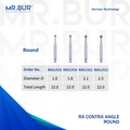 These are another four variations of the #1 Best Contra Angle Round Diamond Bur RA. Mr. Bur offers the best online dental burs and is a Better Choice than Meisinger, Mani, Shofu, Eagle Dental, Trihawk, Suitable for Dental Cases. The dental bur head sizes shown here are 1.6mm, 1.8mm, 2.1mm, and 2.3mm.