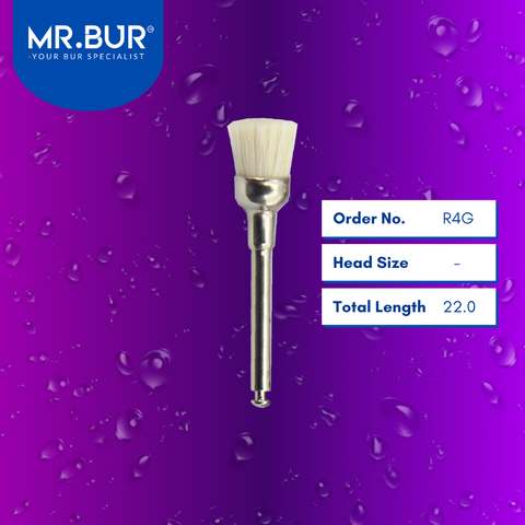 Mr. Bur R4G Soft Goat Hair Polishing Brush HP is ideal for orthodontic, periodontal, prosthodontic procedures, use on fillings, veneer preparation, composite polishing, and use after scaling.