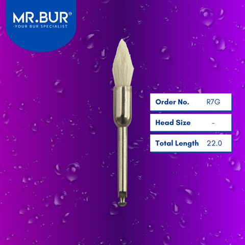 Mr. Bur R7G Soft Goat Hair Polishing Brush HP is ideal for orthodontic, periodontal, prosthodontic procedures, use on fillings, veneer preparation, composite polishing, and use after scaling.