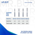 4 variants of the #1 Best Contra Angle Cylinder Flat End Diamond Bur RA. Mr Bur offers the best online dental burs and is a Better Choice than Meisinger, Mani, Shofu, Eagle Dental, Trihawk, Suitable for Dental Cases. The dental bur head sizes shown here are 1.2mm, and 1.4mm