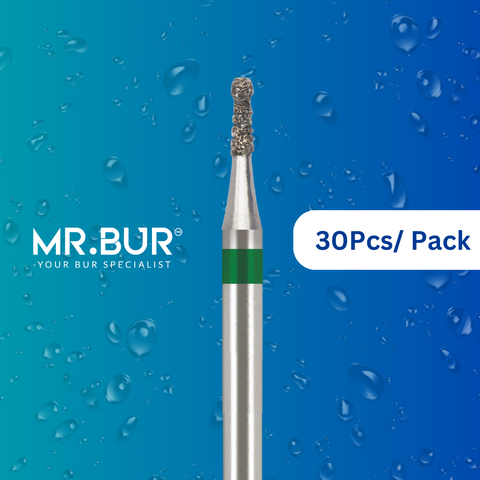 Mr. Bur 30pcs round ball with collar coarse FG is used for prophylaxis, open access, orthodontics, oral surgery, cavity prep, fillings, crown prep, and implantology.