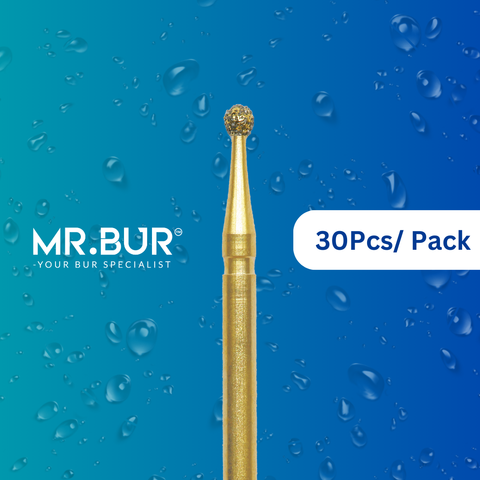 Optimize dental care with Mr. Bur 30 pcs Gold Round Ball Diamond Bur FG for anterior/posterior teeth, cavity prep, crown prep, endo access, fillings, open access, prophylaxis, trimming, and preparation.