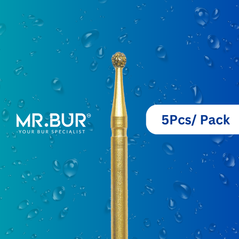 Optimize dental care with Mr. Bur 5 pcs Gold Round Ball Diamond Bur FG for anterior/posterior teeth, cavity prep, crown prep, endo access, fillings, open access, prophylaxis, trimming, and preparation.