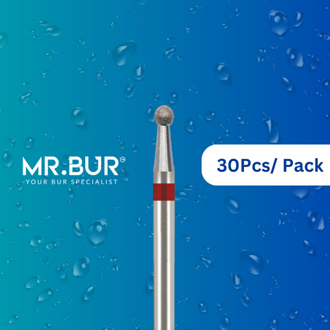 Achieve smooth finishes with Mr. Bur's 30 pcs Fine Grit Pre-Polishing Round Diamond Bur FG, perfect for prophylaxis, open access, orthodontics, oral surgery, fillings, cavity and crown preparation, and implantology.