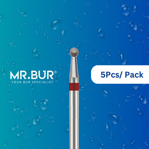 Achieve smooth finishes with Mr. Bur's 5 pcs Fine Grit Pre-Polishing Round Diamond Bur FG, perfect for prophylaxis, open access, orthodontics, oral surgery, fillings, cavity and crown preparation, and implantology.