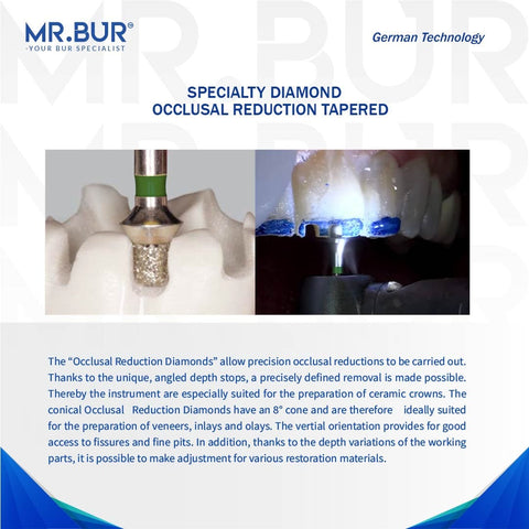 This is an image that shows the uses of the Occlusal Reduction Tapered dental diamond bur that is sold by mr Bur the best international dental bur supplier