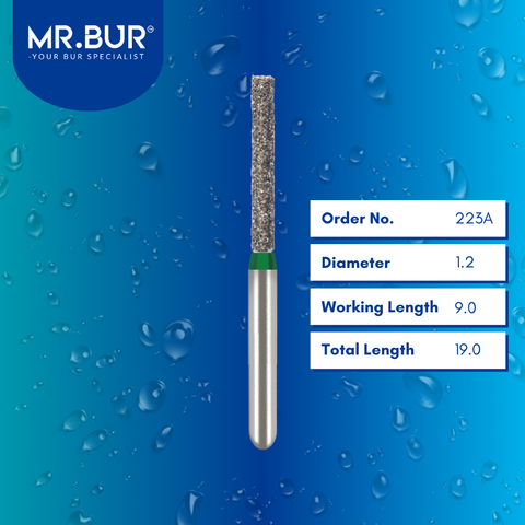 Mr. Bur Cylinder Flat End Coarse Diamond Bur FG 5pcs 223A, 1.2mm, designed for efficient tooth preparation, providing precision and durability for dental procedures.