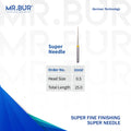 The Best variant of the Super Fine Finishing Super Needle Diamond Bur FG. Mr Bur offers the best online dental burs and is a Better Choice than Meisinger, Mani, Shofu, Eagle Dental, Trihawk, Suitable for Dental Cases. the dental bur head sizes shown here is 0.5mm 