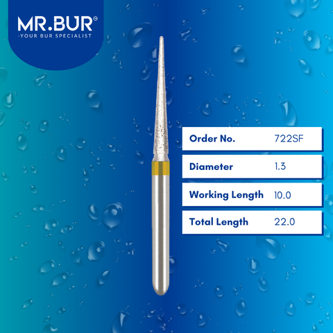 Mr. Bur Super Fine Finishing Pointed Cone Diamond Bur 5pcs FG 722SF, 1.3mm, ensures precise detailing, ultra-smooth surface finishing, and enhanced polishing for superior restorative outcomes.