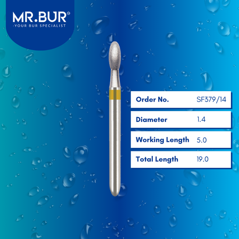 Mr. Bur Super Fine Finishing Egg Diamond Bur FG SF379/14, 1.4mm, ensures ultra-smooth surface finishing, precise contouring, and enhanced polishing for superior restorative outcomes.