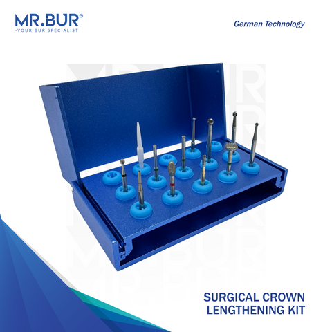 MR. BUR Surgical Crown Lengthening Kit FG, precision tool for anterior and posterior crown lengthening, ensures soft tissue trimming and bone removal.