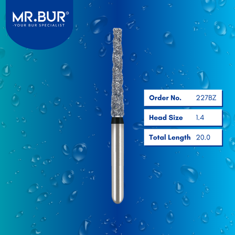 Mr. Bur 227BZ Spiral Cool Cut Taper Flat End Super Coarse Diamond Bur Short FG are tools used in multiple dental procedures, ideal for prosthodontics, mini shank, crown preparation, and crown & bridges.