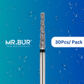 Mr. Bur's 30 pcs Spiral Cool Cut Taper Flat End Super Coarse Diamond Bur Short FG is ideal for prosthodontics, mini shank, crown preparation, and crowns & bridges.