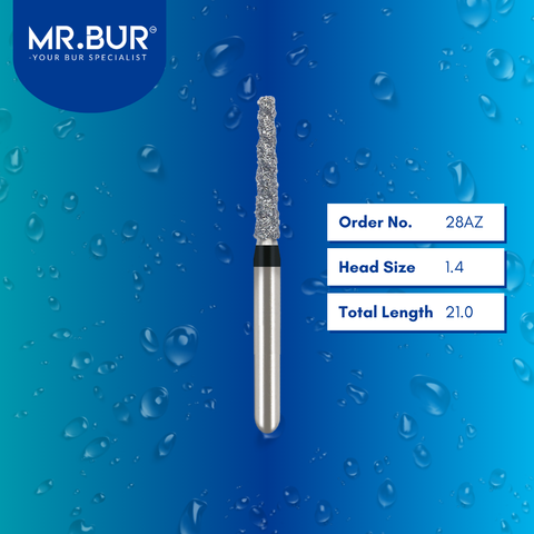 Mr. Bur 28AZ Spiral Cool Cut Taper Flat End Super Coarse Diamond Bur FG are tools used in multiple dental procedures, ideal for prosthodontics, crown preparation, and crown & bridges.