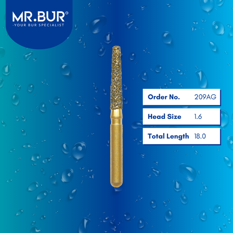 Mr. Bur 209AG Gold Taper Flat End Diamond Bur Short FG are tools used in multiple dental procedures, ideal for anterior and posterior teeth, crown preparation, PFM material, shoulder margin bur, pediatric use, and trimming and preparation.