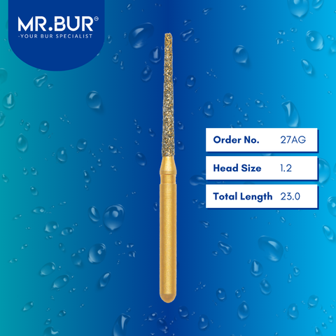 Mr. Bur 27AG Gold Taper Flat End Diamond Bur FG are tools used in multiple dental procedures, ideal for anterior and posterior teeth, crown preparation, PFM material, shoulder margin bur, and trimming and preparation.