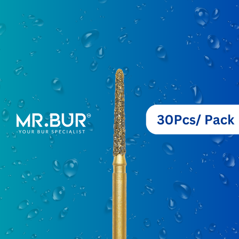 Optimize dental care with Mr. Bur 30pcs Gold Taper Flat End Diamond Bur Short FG for anterior/posterior teeth, crown prep with PFM material, shoulder margin, pediatric use, and trimming.