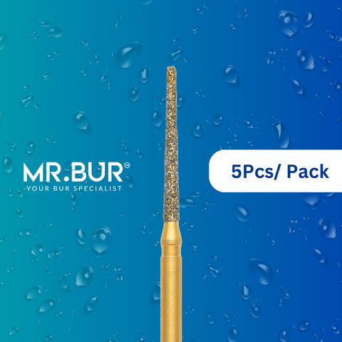 Optimize dental care with Mr. Bur 5pcs Gold Taper Flat End Diamond Bur FG for anterior/posterior teeth, crown prep, PFM material, shoulder margin, and trimming & preparation.