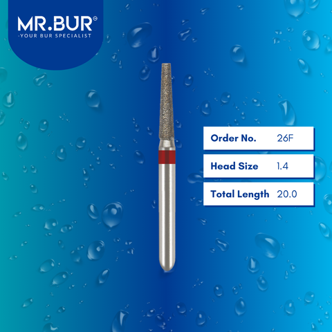 Mr. Bur 846 pre-polishing tapered flat end diamond bur 26F are tools used in multiple dental procedures. ISO 806 314 171 514 014 FG, Their tapered flat end heads are ideal for for effective crown and bridge preparation, shoulder margin preparation, and trimming and preparation for all composite materials. 