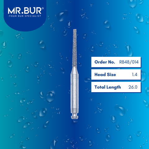 Mr. Bur R848/014 Contra Angle Taper Flat End Diamond Bur RA are tools used in multiple dental procedures, ideal for anterior and posterior teeth, crown preparation, PFM material, shoulder margin preparation, trimming, and preparation.