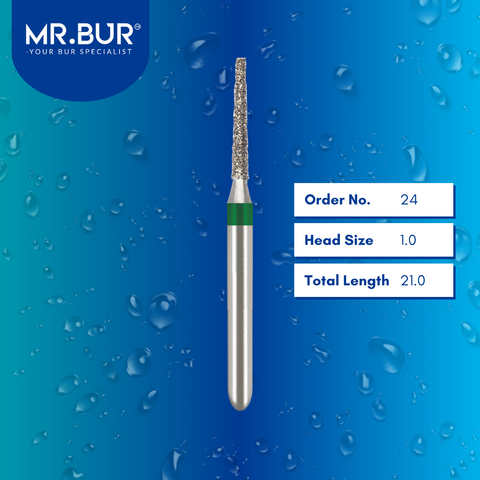 Mr. Bur 847R tapered flat end diamond bur 24 are tools used in multiple dental procedures. ISO 806 314 546 534 010 FG, Their tapered flat end heads are ideal for for effective crown and bridge preparation, shoulder margin preparation, and trimming and preparation for all composite materials. 