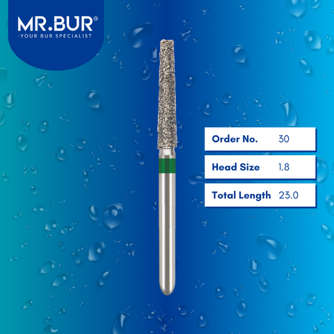 Mr. Bur 848R tapered flat end diamond bur 30 are tools used in multiple dental procedures. ISO 806 314 553 534 018 FG, Their tapered flat end heads are ideal for for effective crown and bridge preparation, shoulder margin preparation, and trimming and preparation for all composite materials. 